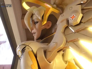 Mercy влажной дыркой скачет на члене парня из игры OverWatch