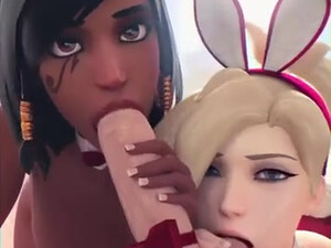В аниме порно Mercy и Pharah делят между собой большой член