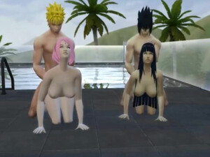 Naruto, Sakura nad their friends enjoy hardcore group sex by the pool