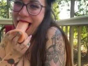 Wet Tattoo Submissive Spit Public Outdoor Nipples Kitten Dildo Deepthroat Brunette GIF