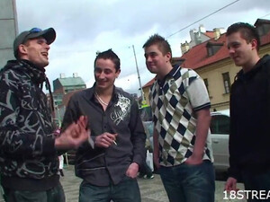 Three guys gangbang skinny teen brunette