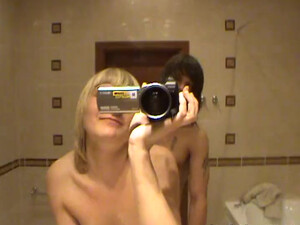 Cute and amateur chick with shaved kitty is having sex in the bathroom