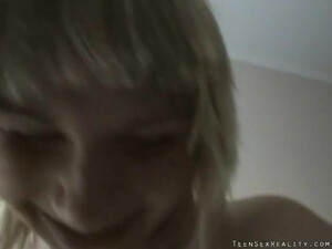 Short haired and happy blonde teen is doing amazing blowjob